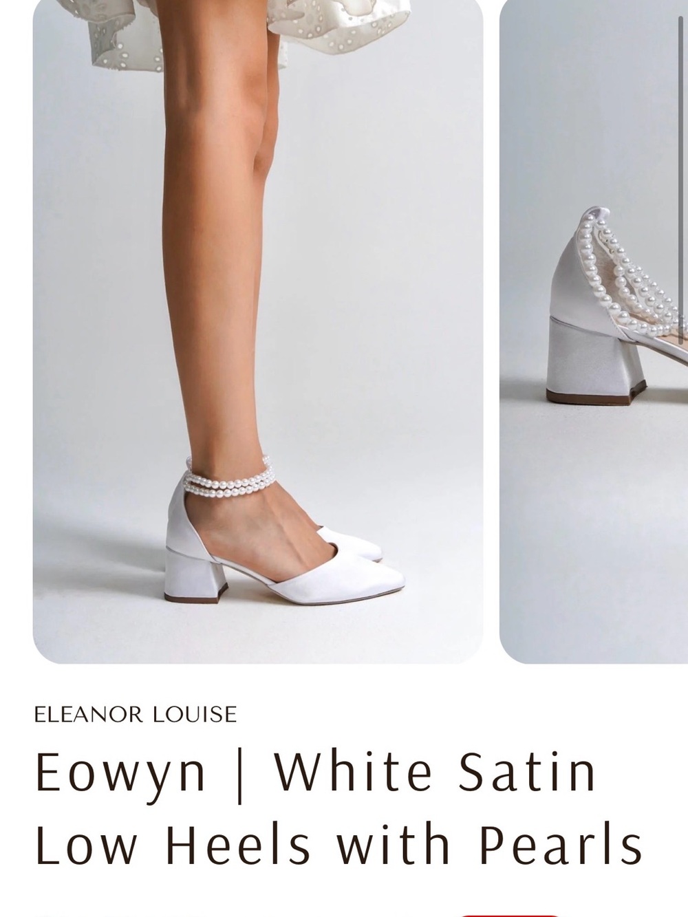 Eowyn Satin Low Block Heels with Pearl Strap — White